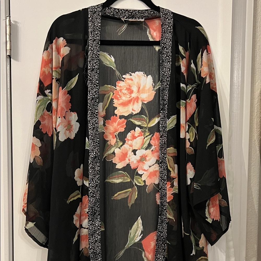 Floral Kimono Cardigan - Black and Coral